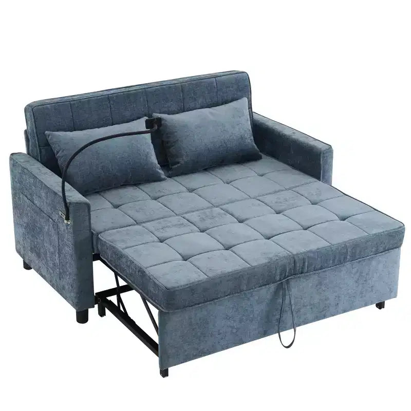 144,5 cm Loveseat Schlafsofa mit ausziehbarer Matratze, beidseitig verwendbarer Rückenlehne, USB-Anschlüssen, Seitentaschen und Handyhalter, Blau