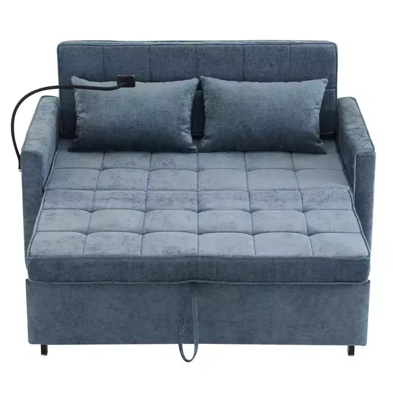 144,5 cm Loveseat Schlafsofa mit ausziehbarer Matratze, beidseitig verwendbarer Rückenlehne, USB-Anschlüssen, Seitentaschen und Handyhalter, Blau