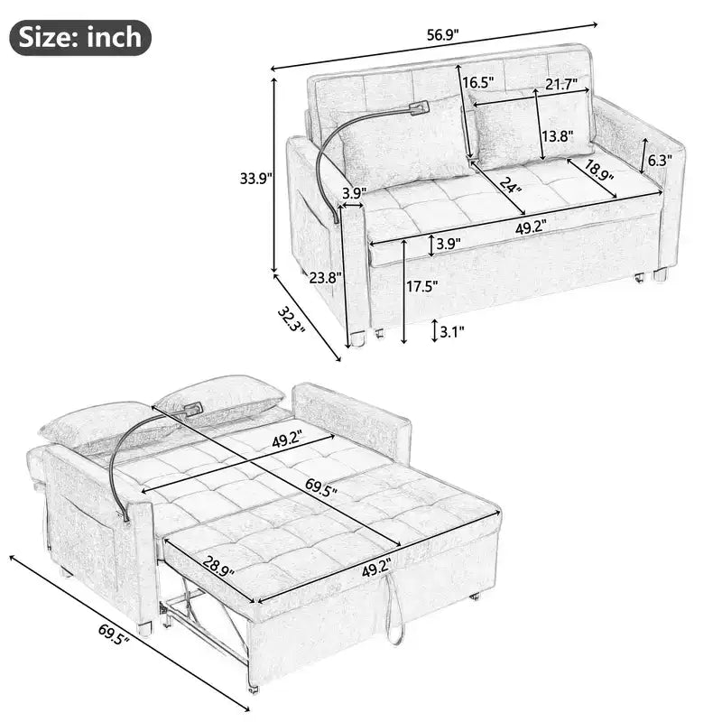 144,5 cm Loveseat Schlafsofa mit ausziehbarer Matratze, beidseitig verwendbarer Rückenlehne, USB-Anschlüssen, Seitentaschen und Handyhalter, Blau