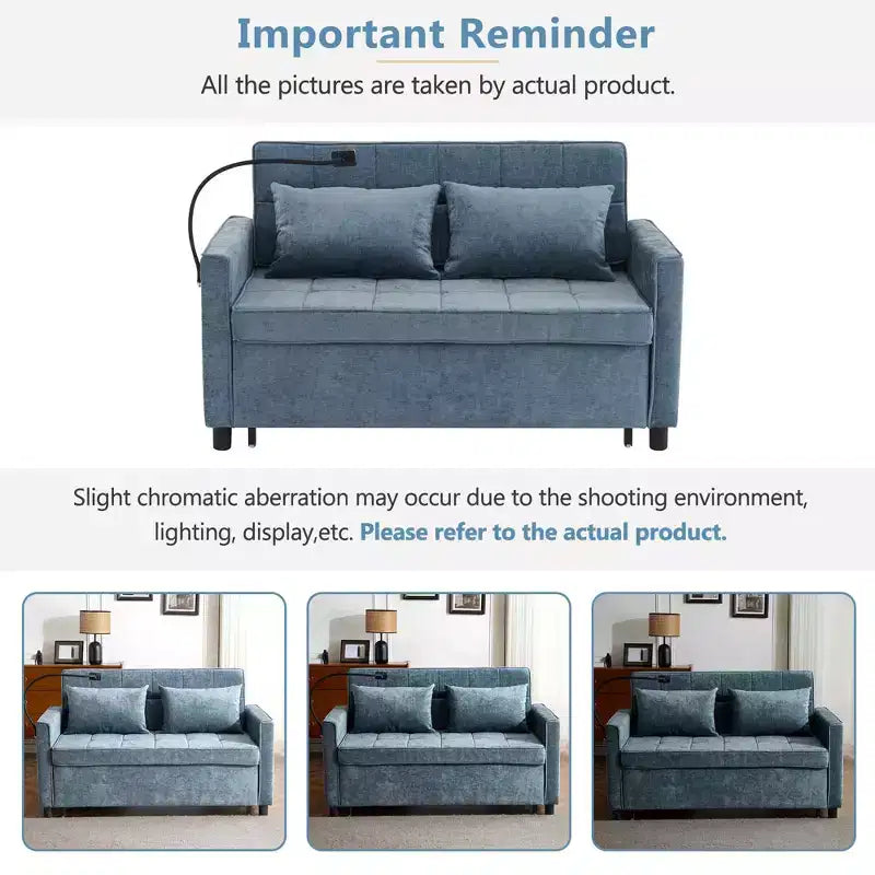 144,5 cm Loveseat Schlafsofa mit ausziehbarer Matratze, beidseitig verwendbarer Rückenlehne, USB-Anschlüssen, Seitentaschen und Handyhalter, Blau