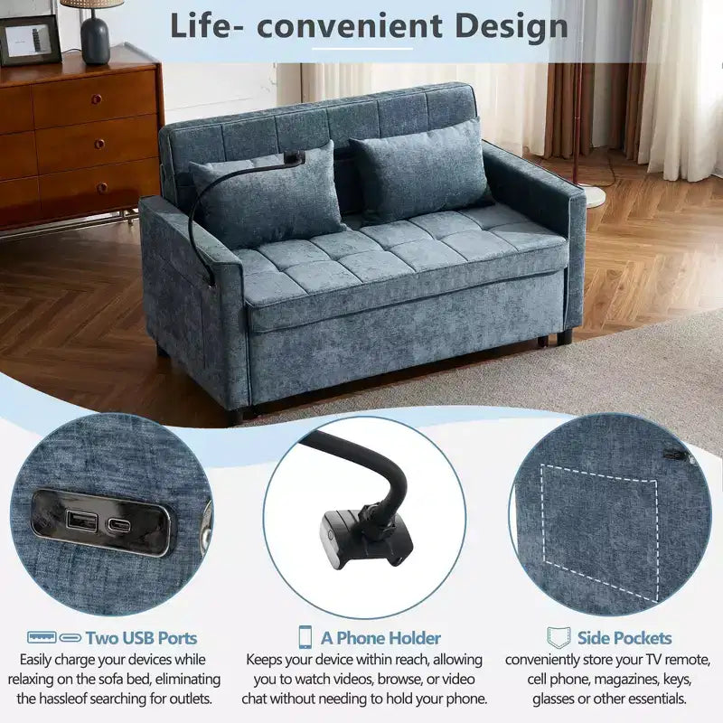 144,5 cm Loveseat Schlafsofa mit ausziehbarer Matratze, beidseitig verwendbarer Rückenlehne, USB-Anschlüssen, Seitentaschen und Handyhalter, Blau