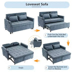 144,5 cm Loveseat Schlafsofa mit ausziehbarer Matratze, beidseitig verwendbarer Rückenlehne, USB-Anschlüssen, Seitentaschen und Handyhalter, Blau