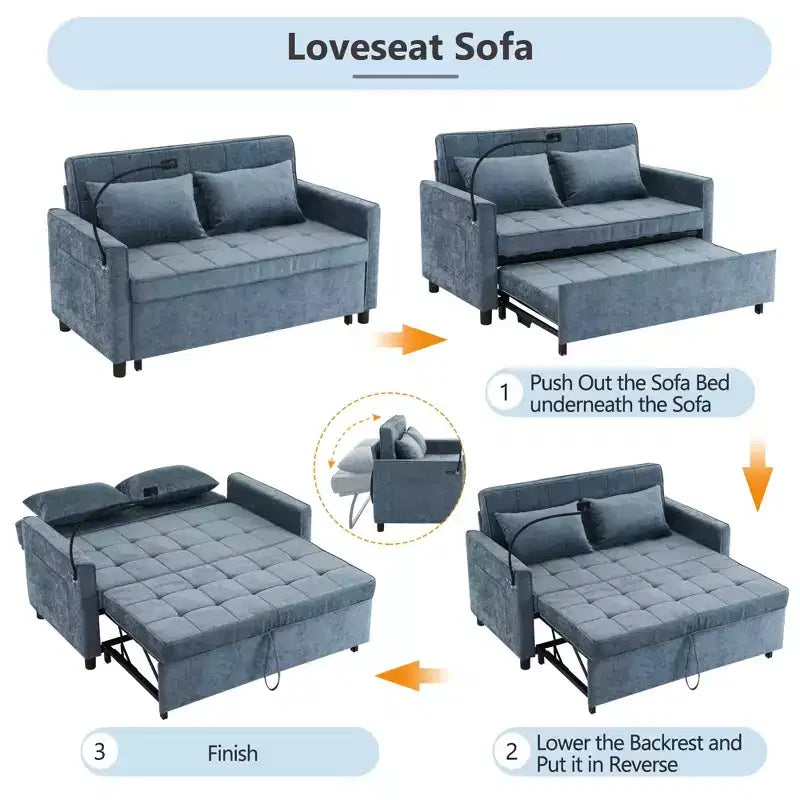 144,5 cm Loveseat Schlafsofa mit ausziehbarer Matratze, beidseitig verwendbarer Rückenlehne, USB-Anschlüssen, Seitentaschen und Handyhalter, Blau