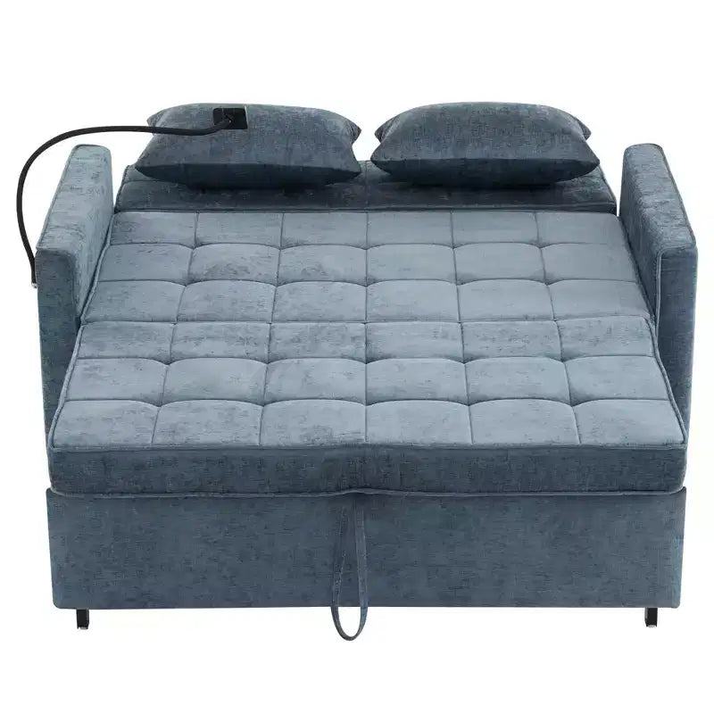 144,5 cm Loveseat Schlafsofa mit ausziehbarer Matratze, beidseitig verwendbarer Rückenlehne, USB-Anschlüssen, Seitentaschen und Handyhalter, Blau