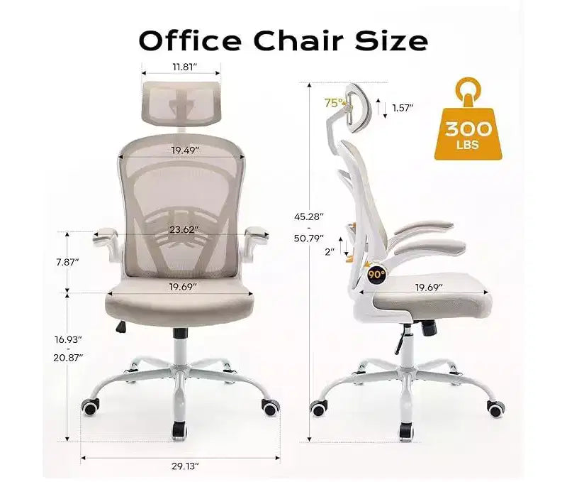Ergonomischer Bürostuhl mit hoher Rückenlehne aus Netzstoff, verstellbarer Lendenwirbelstütze, Kopfstütze und hochklappbaren Armlehnen, 135° neigbar, 136 kg Tragkraft