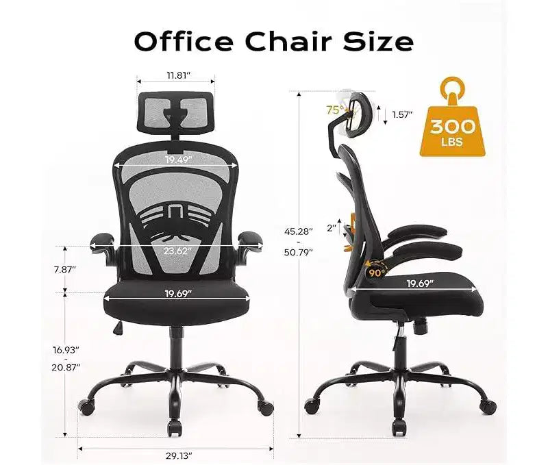 Ergonomischer Bürostuhl mit hoher Rückenlehne aus Netzstoff, verstellbarer Lendenwirbelstütze, Kopfstütze und hochklappbaren Armlehnen, 135° neigbar, 136 kg Tragkraft