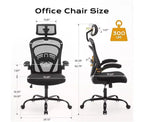 Ergonomischer Bürostuhl mit hoher Rückenlehne aus Netzstoff, verstellbarer Lendenwirbelstütze, Kopfstütze und hochklappbaren Armlehnen, 135° neigbar, 136 kg Tragkraft