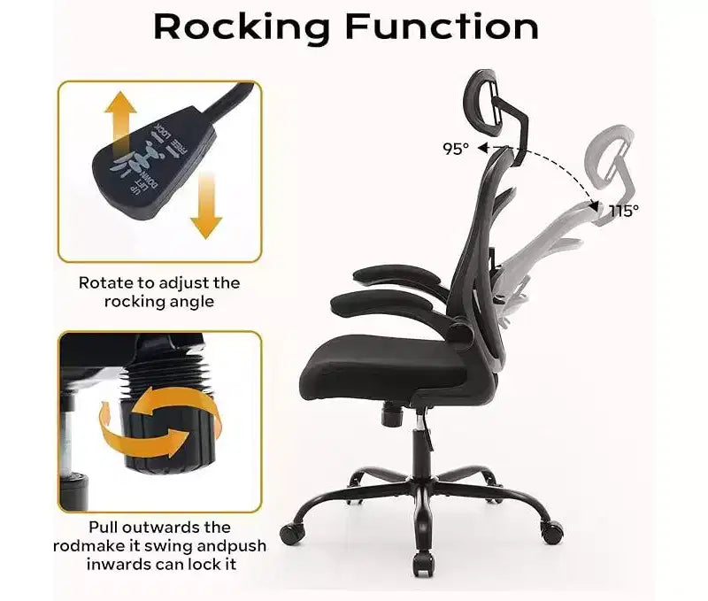 Ergonomischer Bürostuhl mit hoher Rückenlehne aus Netzstoff, verstellbarer Lendenwirbelstütze, Kopfstütze und hochklappbaren Armlehnen, 135° neigbar, 136 kg Tragkraft