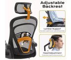 Ergonomischer Bürostuhl mit hoher Rückenlehne aus Netzstoff, verstellbarer Lendenwirbelstütze, Kopfstütze und hochklappbaren Armlehnen, 135° neigbar, 136 kg Tragkraft