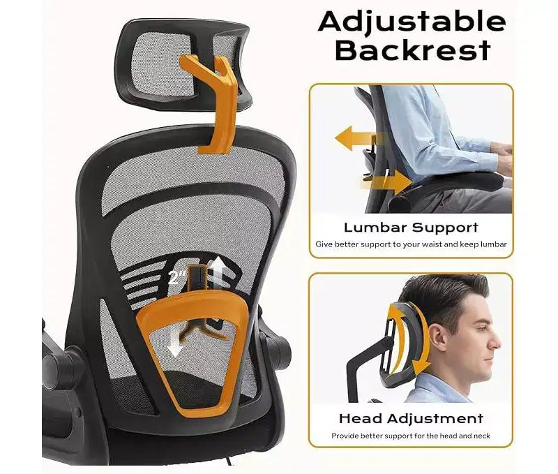 Ergonomischer Bürostuhl mit hoher Rückenlehne aus Netzstoff, verstellbarer Lendenwirbelstütze, Kopfstütze und hochklappbaren Armlehnen, 135° neigbar, 136 kg Tragkraft