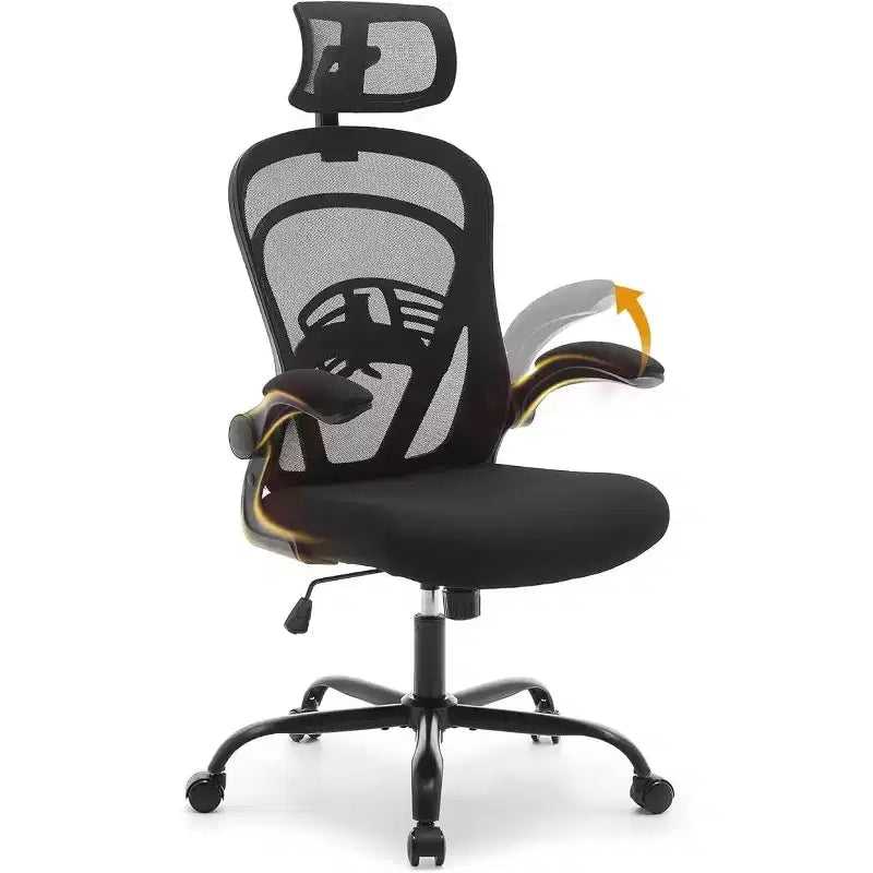 Ergonomic High-Back Mesh Office Chair  Turn-Up Armrests, Headrest, Swivel Executive Computer Desk Chair for Home Office, Bedroom, or Study