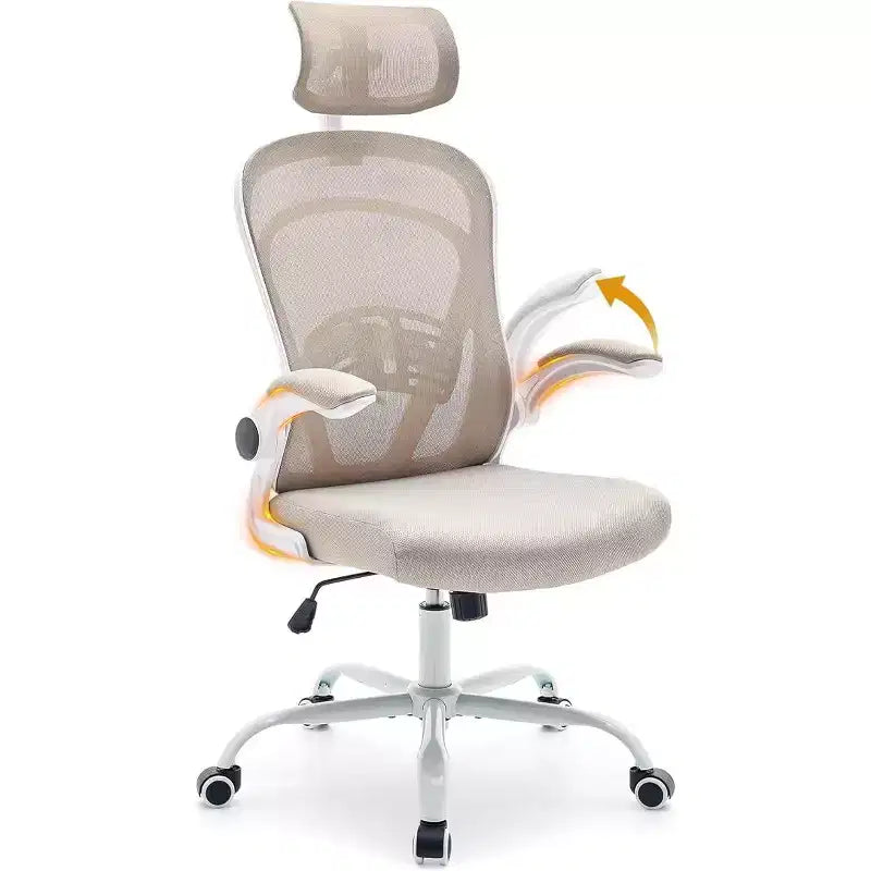 Ergonomischer Bürostuhl mit hoher Rückenlehne aus Netzstoff, verstellbarer Lendenwirbelstütze, Kopfstütze und hochklappbaren Armlehnen, 135° neigbar, 136 kg Tragkraft