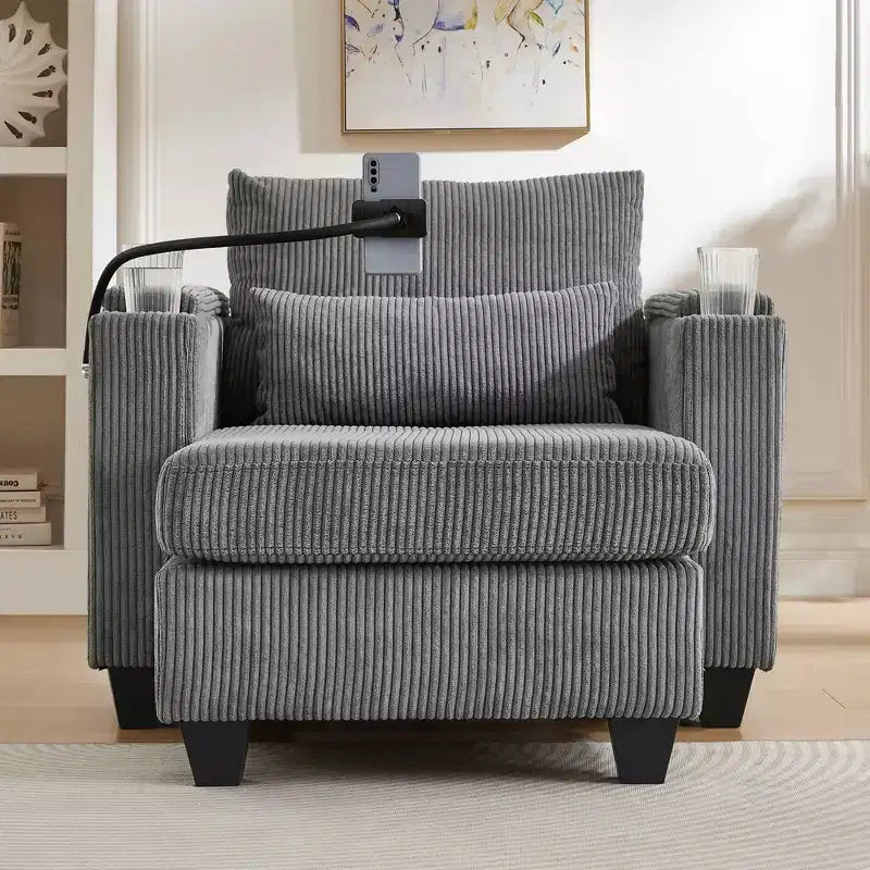  Convertible Chaise Sofa Bed Corduroy Sleeper Sofa with Ports Cup Holders Ample Storage Space for Living Room Gray