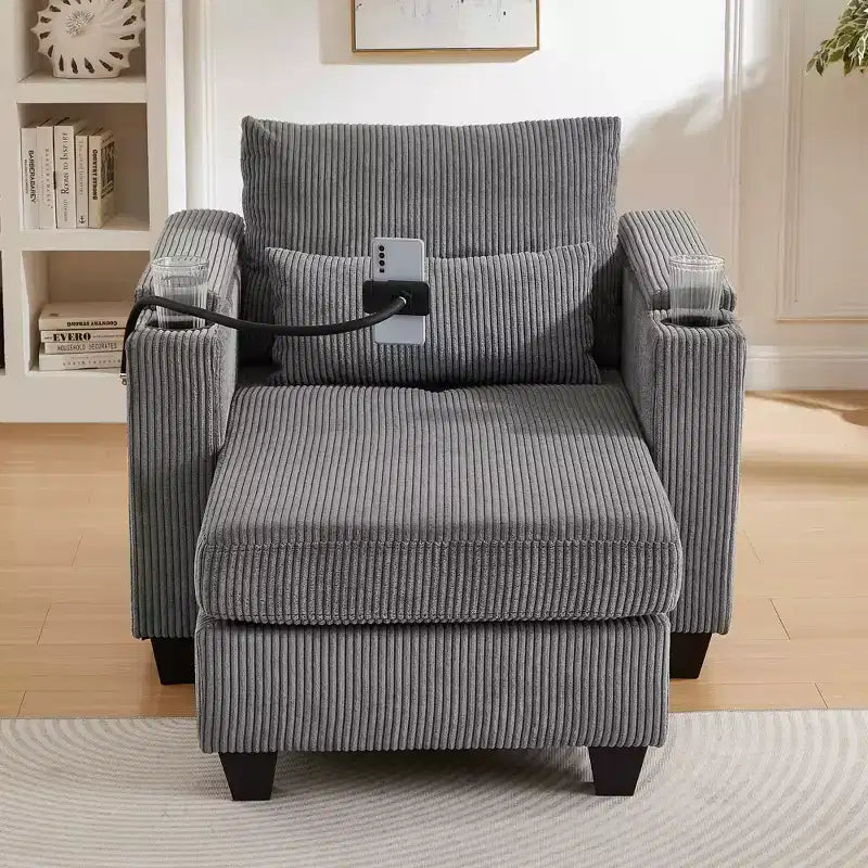 Schlafsofa mit Ottomane, Cord-Schlafsofa mit Ladeanschlüssen, Getränkehaltern und Stauraum, Grau