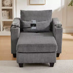 Schlafsofa mit Ottomane, Cord-Schlafsofa mit Ladeanschlüssen, Getränkehaltern und Stauraum, Grau
