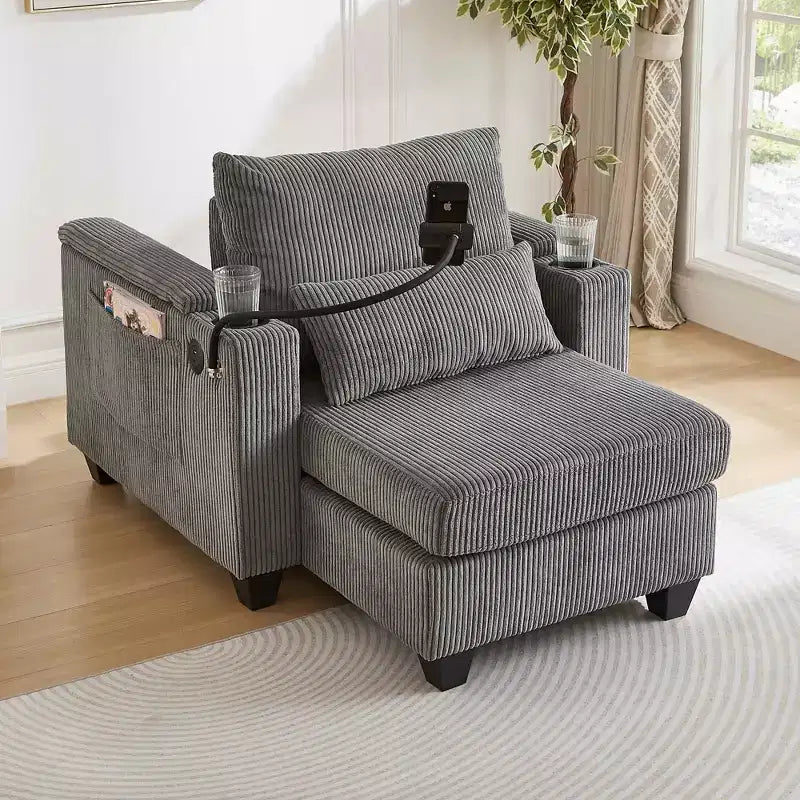 Schlafsofa mit Ottomane, Cord-Schlafsofa mit Ladeanschlüssen, Getränkehaltern und Stauraum, Grau