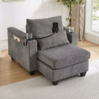 Schlafsofa mit Ottomane, Cord-Schlafsofa mit Ladeanschlüssen, Getränkehaltern und Stauraum, Grau