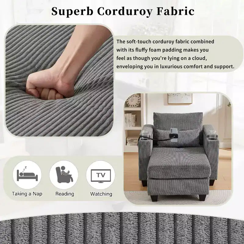 Schlafsofa mit Ottomane, Cord-Schlafsofa mit Ladeanschlüssen, Getränkehaltern und Stauraum, Grau