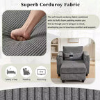 Schlafsofa mit Ottomane, Cord-Schlafsofa mit Ladeanschlüssen, Getränkehaltern und Stauraum, Grau