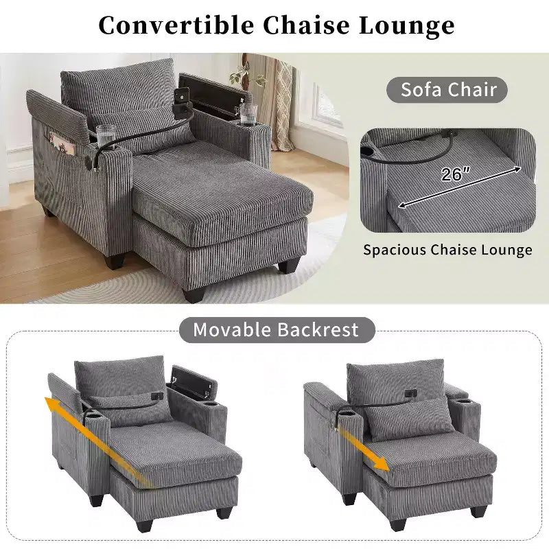 Schlafsofa mit Ottomane, Cord-Schlafsofa mit Ladeanschlüssen, Getränkehaltern und Stauraum, Grau