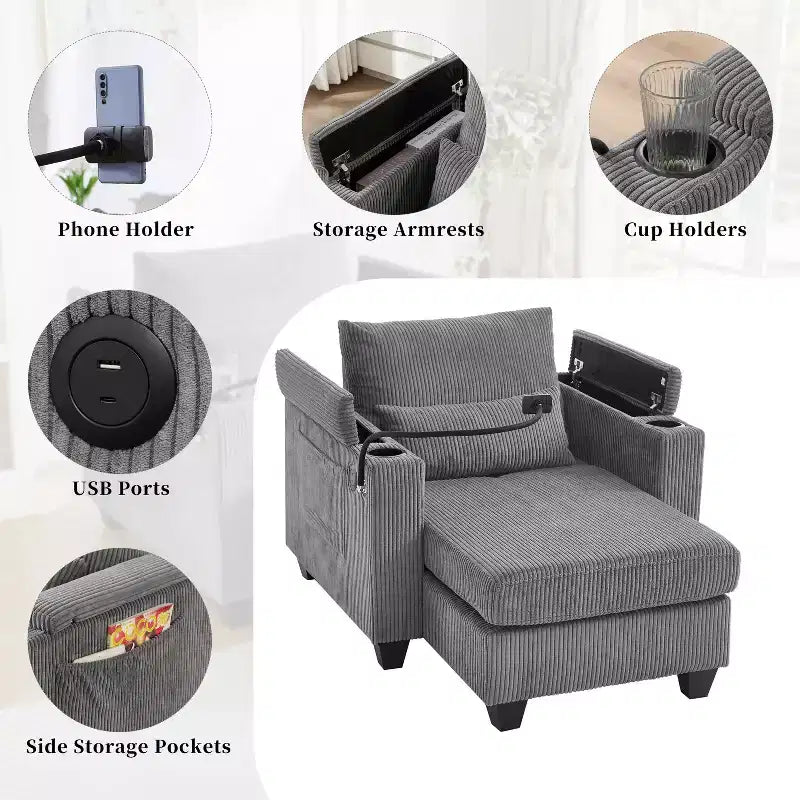 Schlafsofa mit Ottomane, Cord-Schlafsofa mit Ladeanschlüssen, Getränkehaltern und Stauraum, Grau