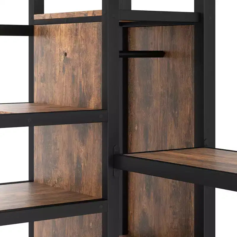 Queen-Hochbett mit Schreibtisch & Kleiderschrank, Metallrahmen, Stauraumtreppe, USB- & LED-Leuchten, platzsparendes Hochbett, Holzmaserung-Finish