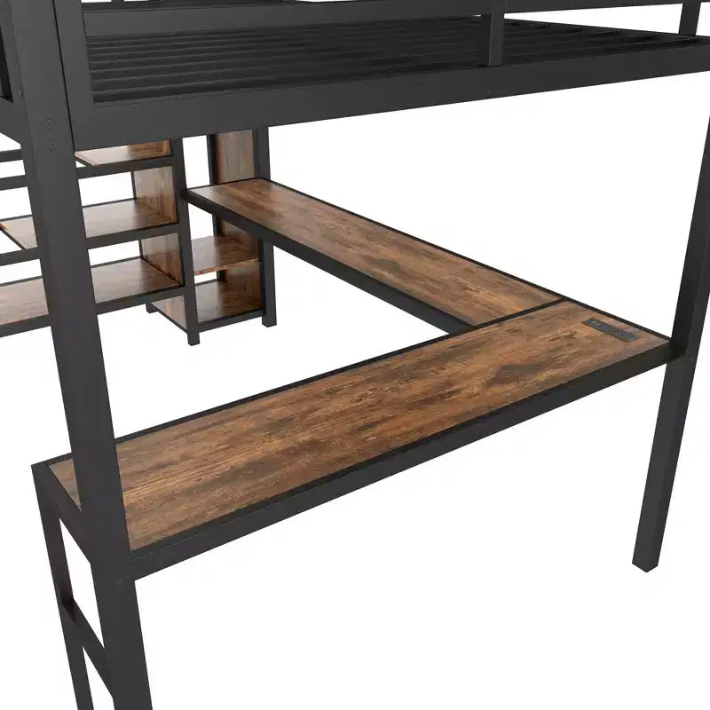 Queen-Hochbett mit Schreibtisch & Kleiderschrank, Metallrahmen, Stauraumtreppe, USB- & LED-Leuchten, platzsparendes Hochbett, Holzmaserung-Finish