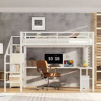 Queen-Hochbett mit Schreibtisch & Kleiderschrank, Metallrahmen, Stauraumtreppe, USB- & LED-Leuchten, platzsparendes Hochbett, Holzmaserung-Finish