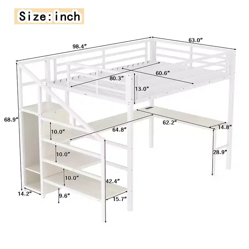 Queen-Hochbett mit Schreibtisch & Kleiderschrank, Metallrahmen, Stauraumtreppe, USB- & LED-Leuchten, platzsparendes Hochbett, Holzmaserung-Finish