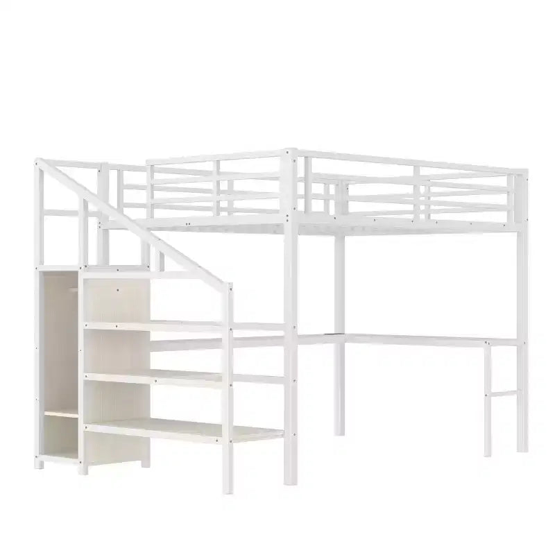 Queen-Hochbett mit Schreibtisch & Kleiderschrank, Metallrahmen, Stauraumtreppe, USB- & LED-Leuchten, platzsparendes Hochbett, Holzmaserung-Finish