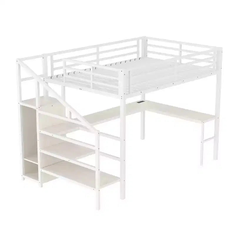 Queen-Hochbett mit Schreibtisch & Kleiderschrank, Metallrahmen, Stauraumtreppe, USB- & LED-Leuchten, platzsparendes Hochbett, Holzmaserung-Finish