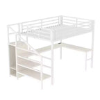 Queen-Hochbett mit Schreibtisch & Kleiderschrank, Metallrahmen, Stauraumtreppe, USB- & LED-Leuchten, platzsparendes Hochbett, Holzmaserung-Finish