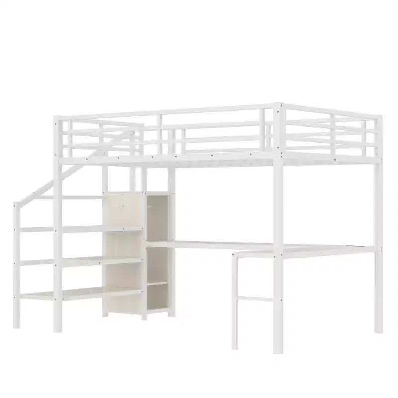 Queen-Hochbett mit Schreibtisch & Kleiderschrank, Metallrahmen, Stauraumtreppe, USB- & LED-Leuchten, platzsparendes Hochbett, Holzmaserung-Finish