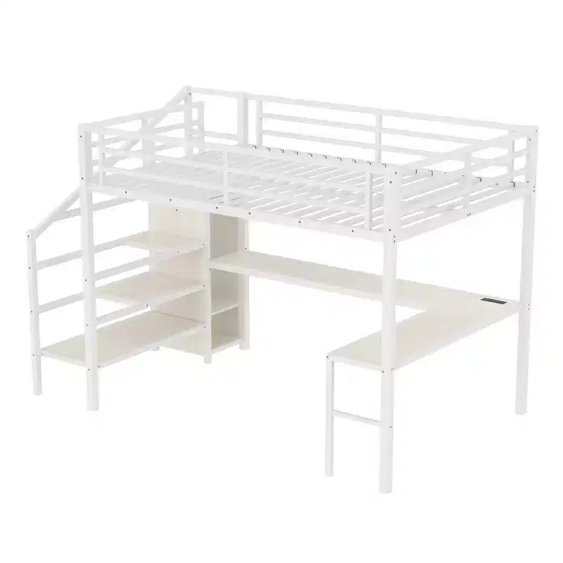Queen-Hochbett mit Schreibtisch & Kleiderschrank, Metallrahmen, Stauraumtreppe, USB- & LED-Leuchten, platzsparendes Hochbett, Holzmaserung-Finish