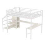 Queen-Hochbett mit Schreibtisch & Kleiderschrank, Metallrahmen, Stauraumtreppe, USB- & LED-Leuchten, platzsparendes Hochbett, Holzmaserung-Finish