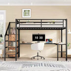 Queen-Hochbett mit Schreibtisch & Kleiderschrank, Metallrahmen, Stauraumtreppe, USB- & LED-Leuchten, platzsparendes Hochbett, Holzmaserung-Finish