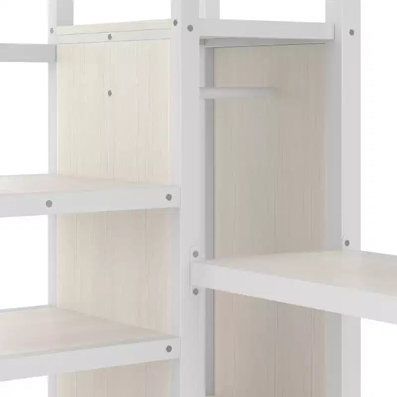 Queen-Hochbett mit Schreibtisch & Kleiderschrank, Metallrahmen, Stauraumtreppe, USB- & LED-Leuchten, platzsparendes Hochbett, Holzmaserung-Finish