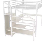 Queen-Hochbett mit Schreibtisch & Kleiderschrank, Metallrahmen, Stauraumtreppe, USB- & LED-Leuchten, platzsparendes Hochbett, Holzmaserung-Finish