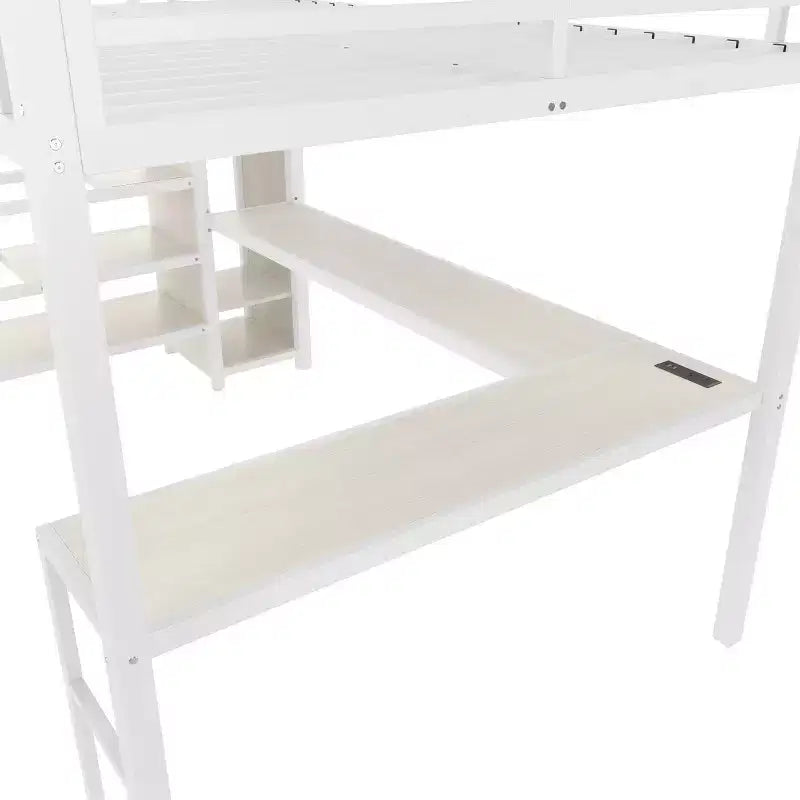 Queen-Hochbett mit Schreibtisch & Kleiderschrank, Metallrahmen, Stauraumtreppe, USB- & LED-Leuchten, platzsparendes Hochbett, Holzmaserung-Finish