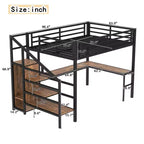 Queen-Hochbett mit Schreibtisch & Kleiderschrank, Metallrahmen, Stauraumtreppe, USB- & LED-Leuchten, platzsparendes Hochbett, Holzmaserung-Finish