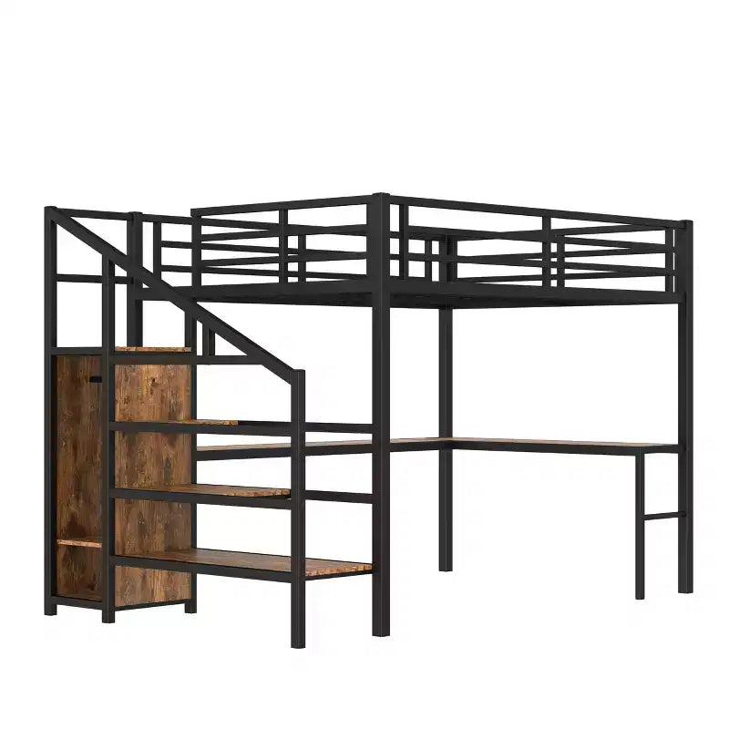 Queen-Hochbett mit Schreibtisch & Kleiderschrank, Metallrahmen, Stauraumtreppe, USB- & LED-Leuchten, platzsparendes Hochbett, Holzmaserung-Finish