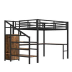 Queen-Hochbett mit Schreibtisch & Kleiderschrank, Metallrahmen, Stauraumtreppe, USB- & LED-Leuchten, platzsparendes Hochbett, Holzmaserung-Finish
