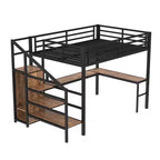 Queen-Hochbett mit Schreibtisch & Kleiderschrank, Metallrahmen, Stauraumtreppe, USB- & LED-Leuchten, platzsparendes Hochbett, Holzmaserung-Finish