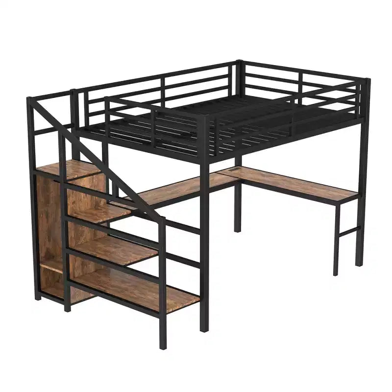 Queen-Hochbett mit Schreibtisch & Kleiderschrank, Metallrahmen, Stauraumtreppe, USB- & LED-Leuchten, platzsparendes Hochbett, Holzmaserung-Finish