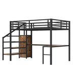 Queen-Hochbett mit Schreibtisch & Kleiderschrank, Metallrahmen, Stauraumtreppe, USB- & LED-Leuchten, platzsparendes Hochbett, Holzmaserung-Finish