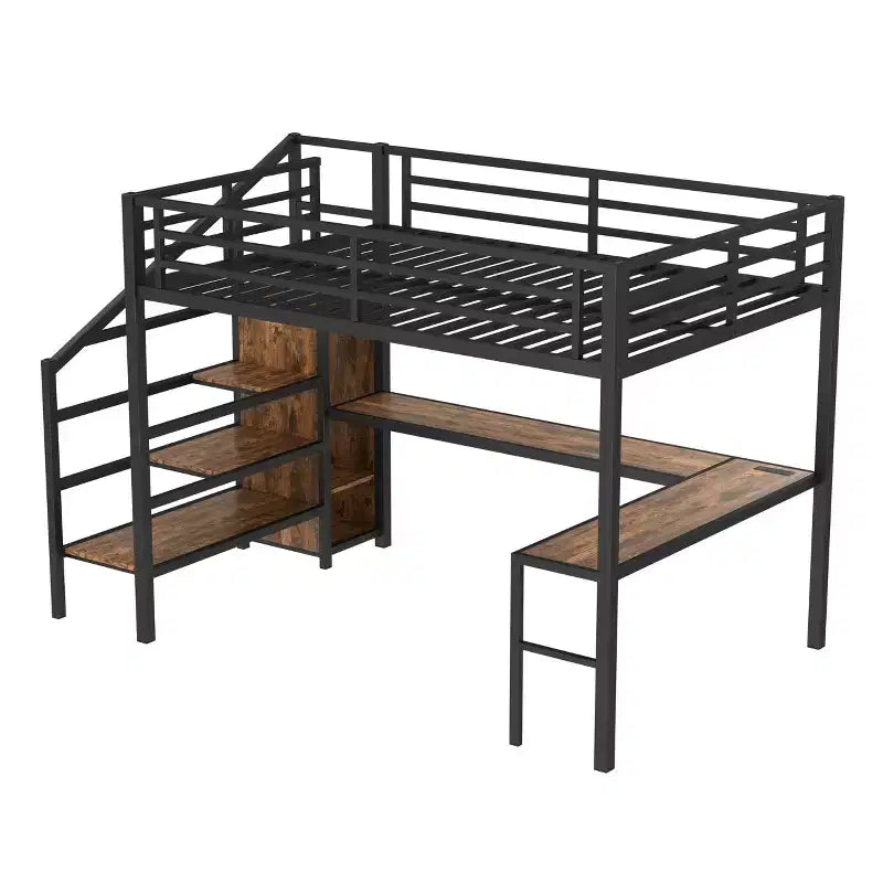 Queen-Hochbett mit Schreibtisch & Kleiderschrank, Metallrahmen, Stauraumtreppe, USB- & LED-Leuchten, platzsparendes Hochbett, Holzmaserung-Finish
