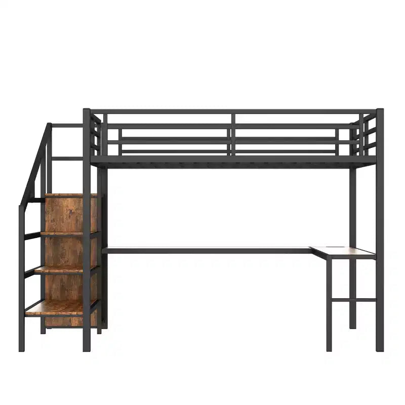 Queen-Hochbett mit Schreibtisch & Kleiderschrank, Metallrahmen, Stauraumtreppe, USB- & LED-Leuchten, platzsparendes Hochbett, Holzmaserung-Finish