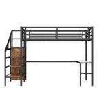 Queen-Hochbett mit Schreibtisch & Kleiderschrank, Metallrahmen, Stauraumtreppe, USB- & LED-Leuchten, platzsparendes Hochbett, Holzmaserung-Finish