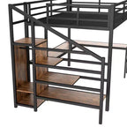 Queen-Hochbett mit Schreibtisch & Kleiderschrank, Metallrahmen, Stauraumtreppe, USB- & LED-Leuchten, platzsparendes Hochbett, Holzmaserung-Finish