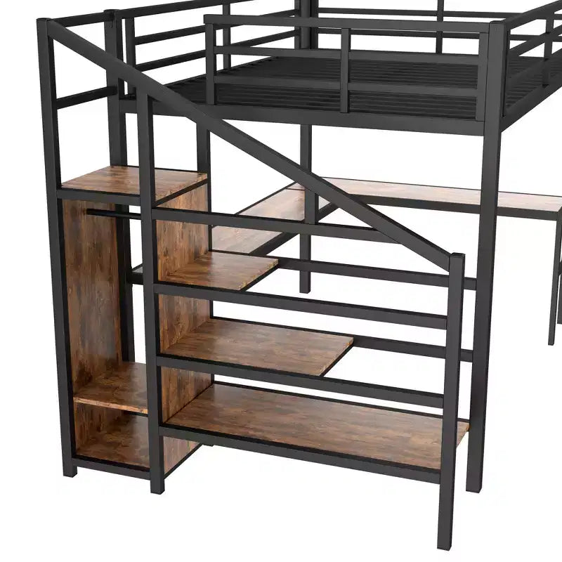 Queen-Hochbett mit Schreibtisch & Kleiderschrank, Metallrahmen, Stauraumtreppe, USB- & LED-Leuchten, platzsparendes Hochbett, Holzmaserung-Finish